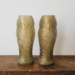 Pair Vintage Luxor Egyptian Sarcophagus King Tut Vases Handblown Glass MCM 9"